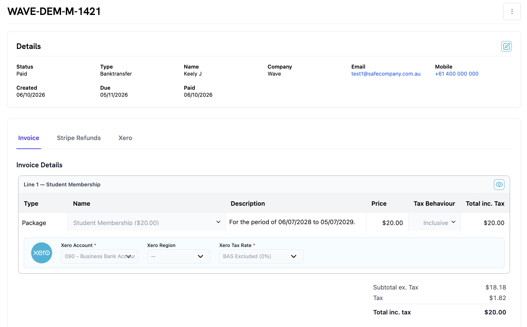 Wave CRM member account connected to Xero